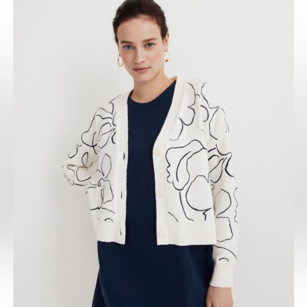 Madewell Cream Black Floral Cardigan Sweater in Linear Bloom - Size XS - NL199